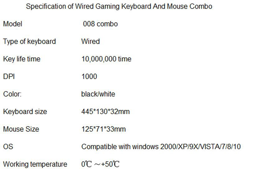 Specification of Wired Gaming Keyboard And Mouse Combo