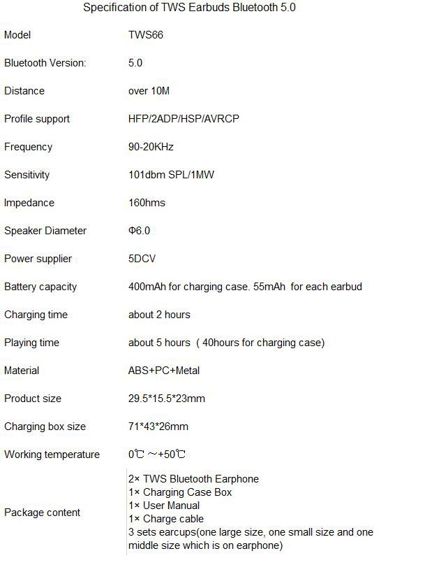 TWS蓝牙5.0耳机规格