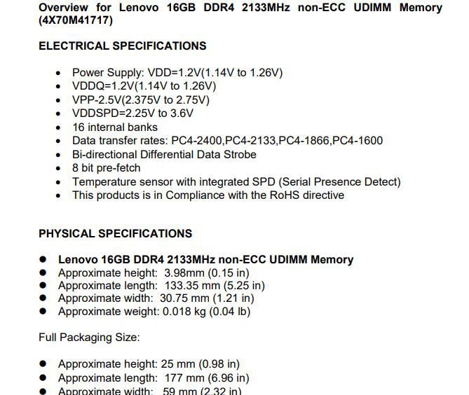 联想16GB 2RX8 ECC UDIMM DDR4 2133 MHz 00PC610